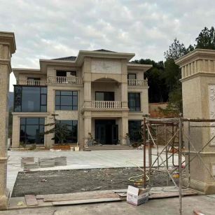 开封 黄金麻花岗岩别墅雕花外墙干挂配上门口雕花罗马柱